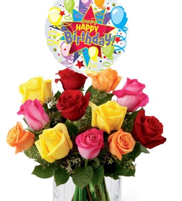12 mix roses with birthday balloon