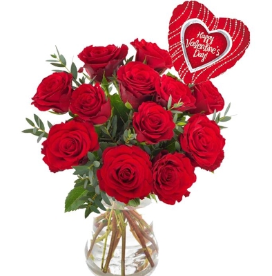 12 Red Roses Bouquet with Valentine's Balloon