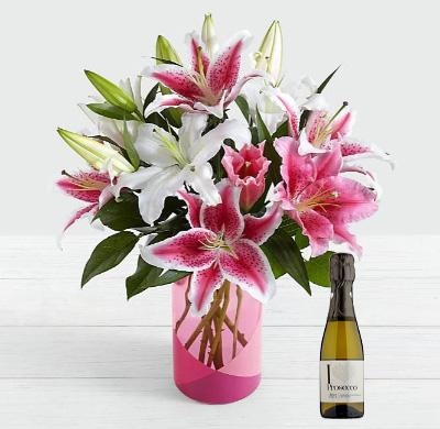 Pink & White Lily With Prosecco