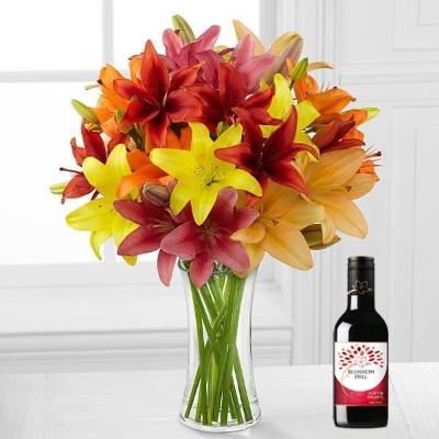Colourburst Lily Bouquet With Wine