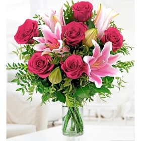 Pink Lily & Red Rose Bouquet